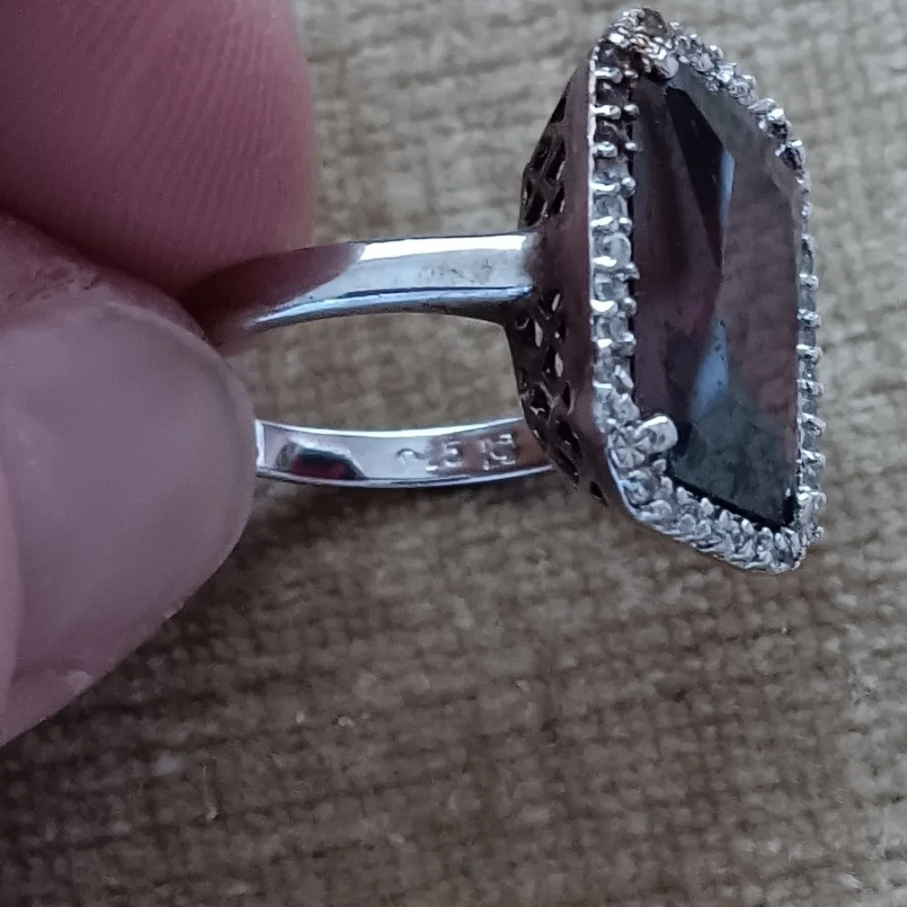 Rectangular Multi Faceted Deep Red Glass Silver Ring